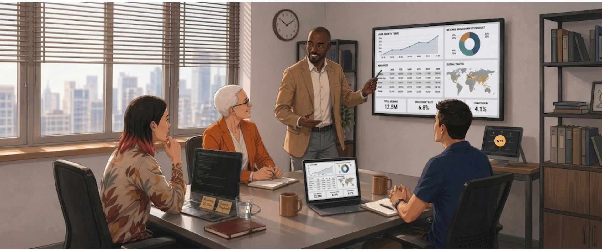 Diverse team of four at meeting. Man in beige jacket presents business data to colleagues around a table.