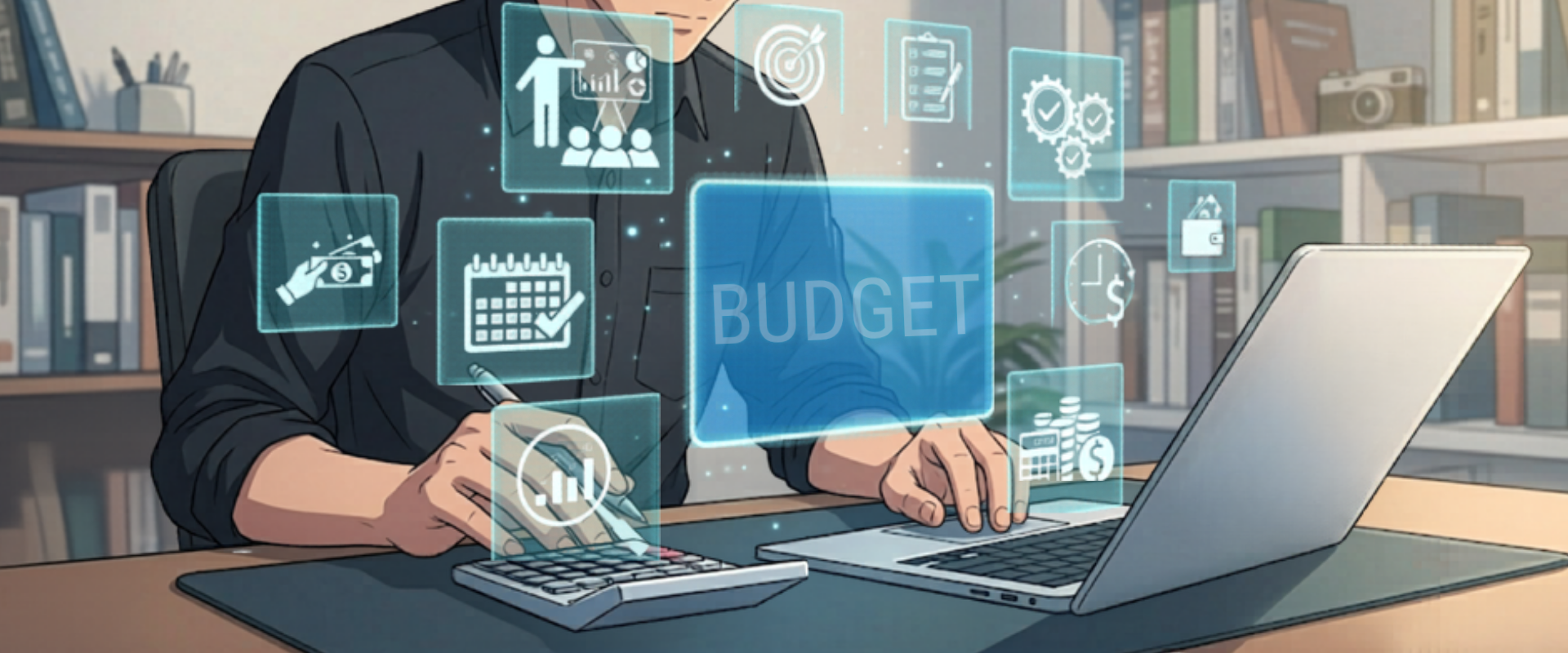 Anime style illustration of a person using a calculator and laptop for budget planning with digital finance icons. 