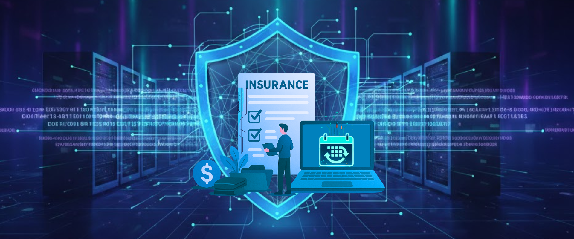 Cybersecurity insurance concept with a person reviewing a policy shield in a digital server room data center.