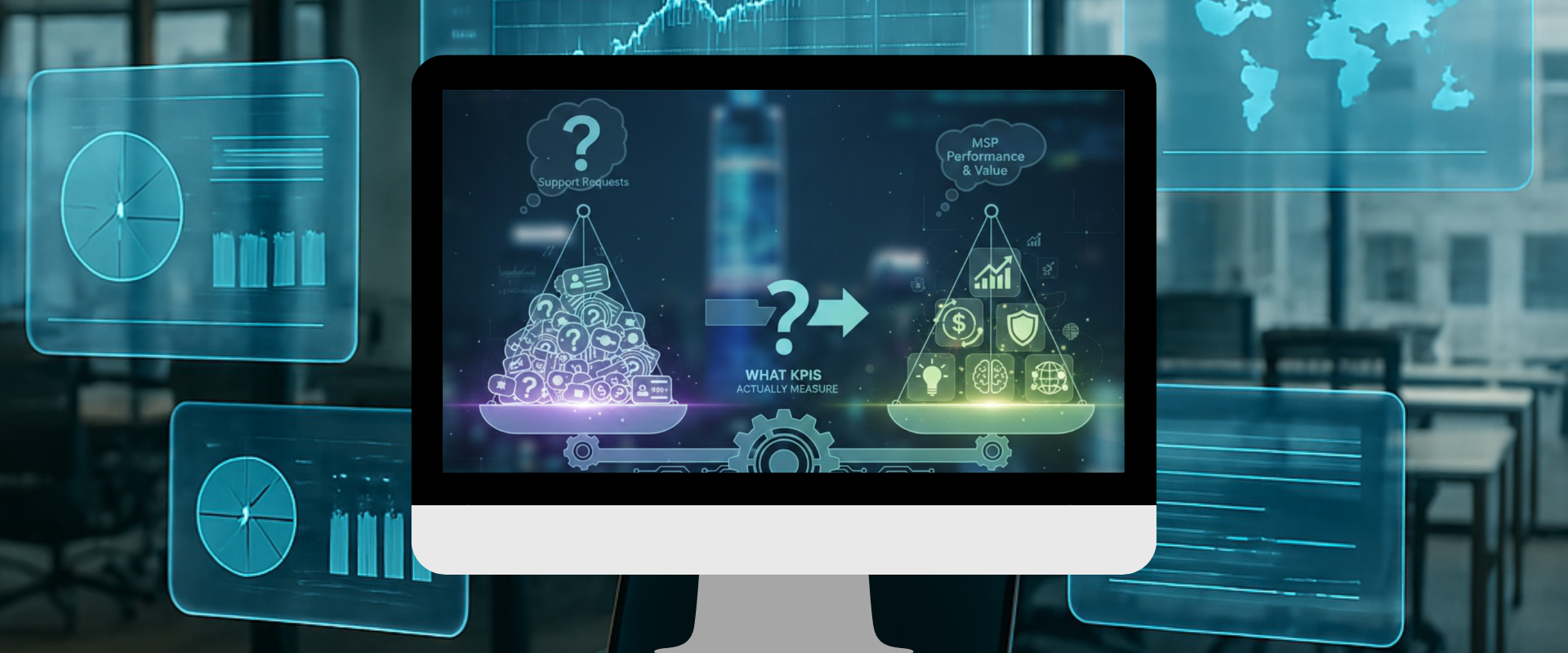 Monitor displaying a scale weighing support requests against MSP performance and value with digital data overlays.