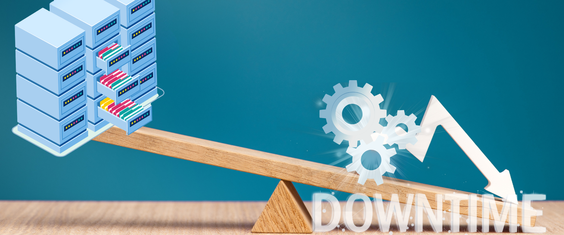 Seesaw with server racks on one side, gears, and 