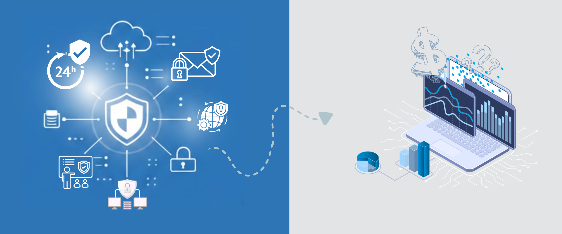 Conceptual illustration of IT icons like cloud, security shields, and servers connected by data line