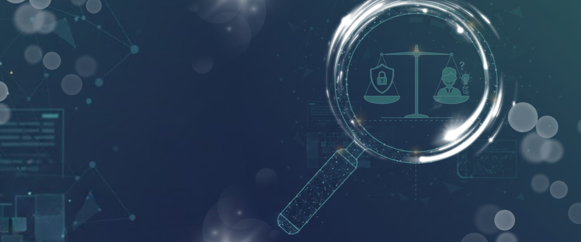 Digital magnifying glass over a scale balancing a security shield and a person, representing MSP.