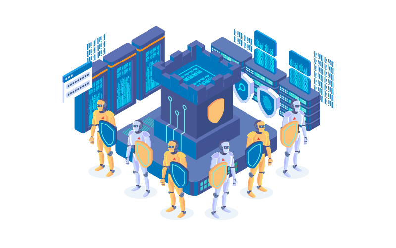 An isometric illustration of a group of robots standing around a building that represents evaluating the  performance