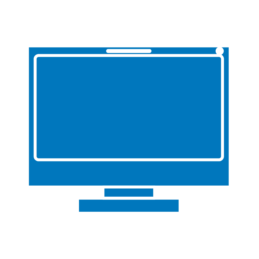 A blue computer monitor with a white frame on a white background.