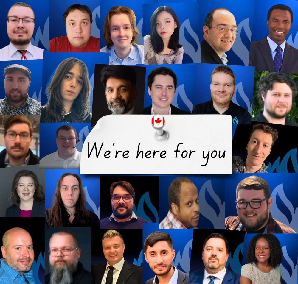 A collage of people with a tag that says we 're here for you