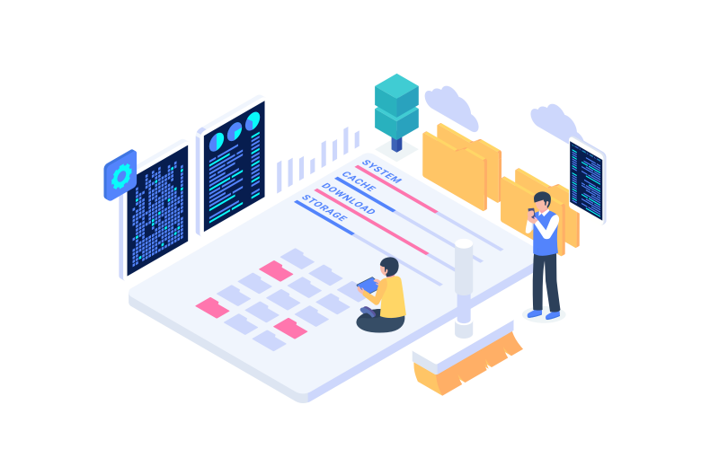 An isometric illustration of a man documenting all the issues during a cybersecurity breach