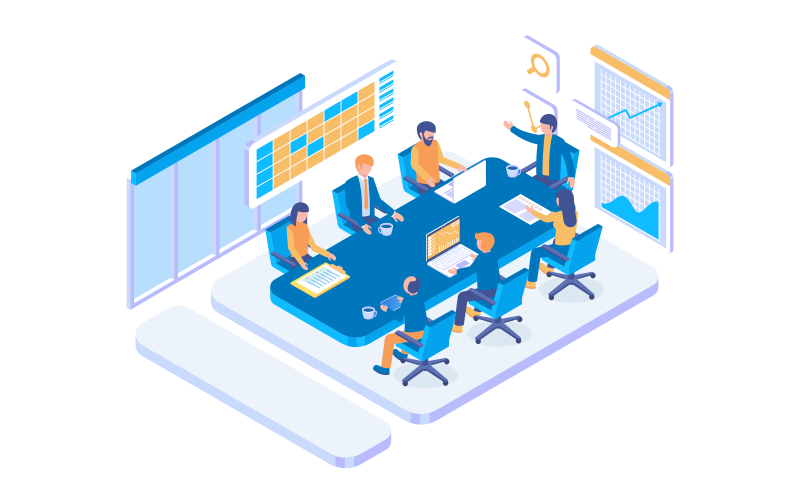 An isometric illustration of a group of people sitting around a conference table.