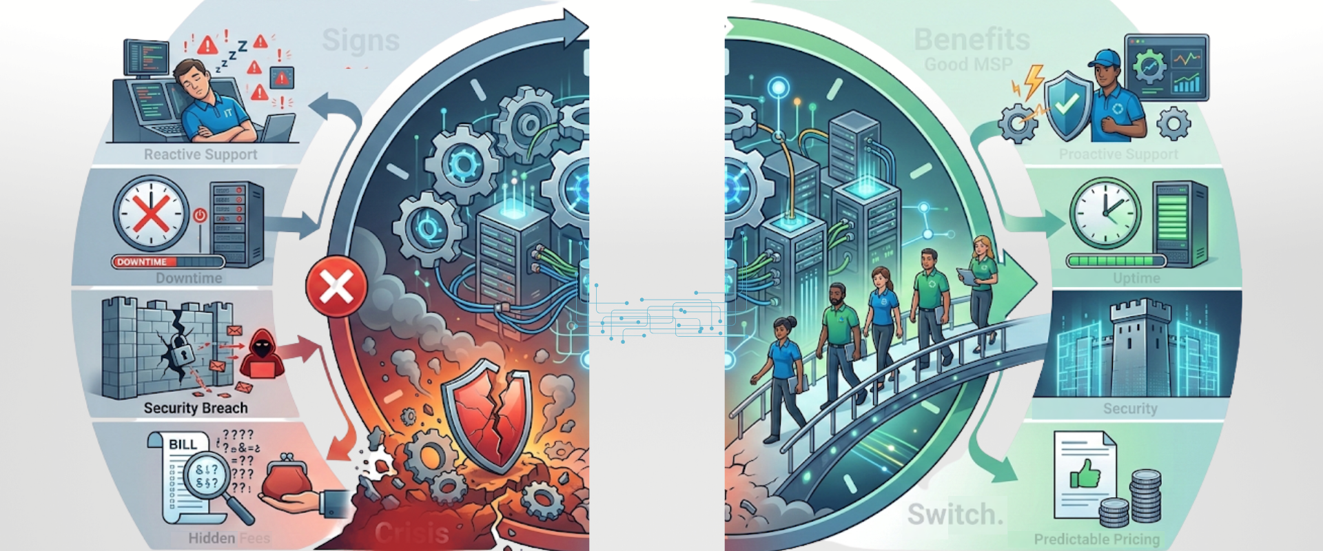 Infographic showing signs to switch your MSP before a crisis, comparing reactive downtime to proactive IT benefits.