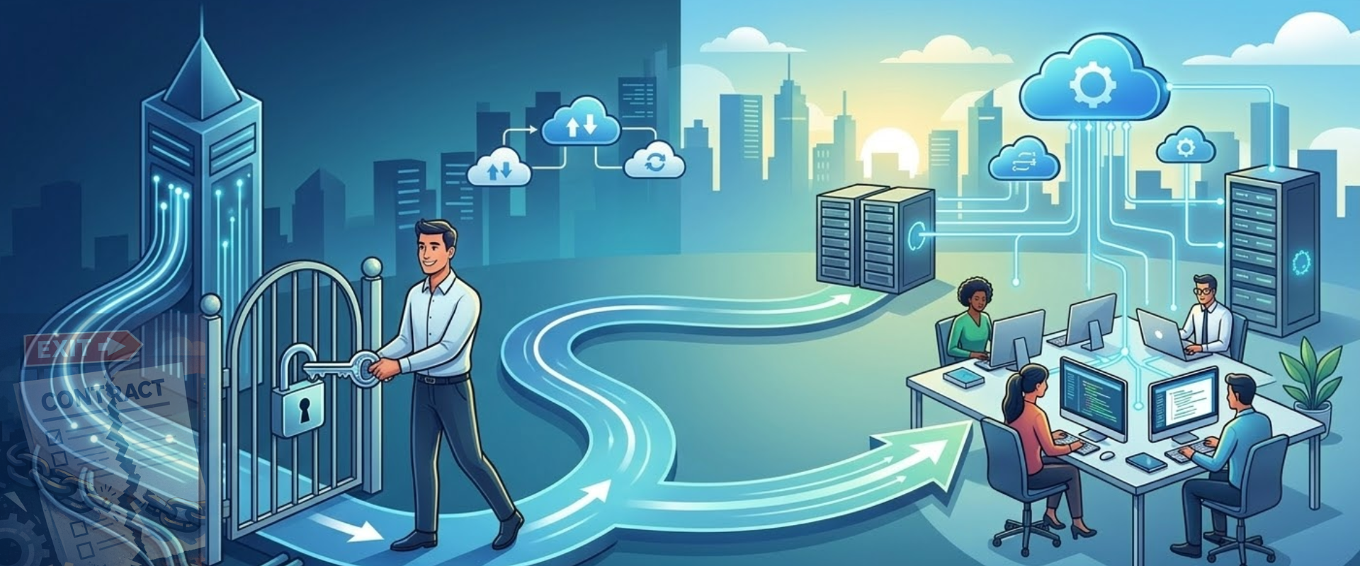 Man unlocking a gate to transition from a dark city (contract) to a bright, cloud-connected office.