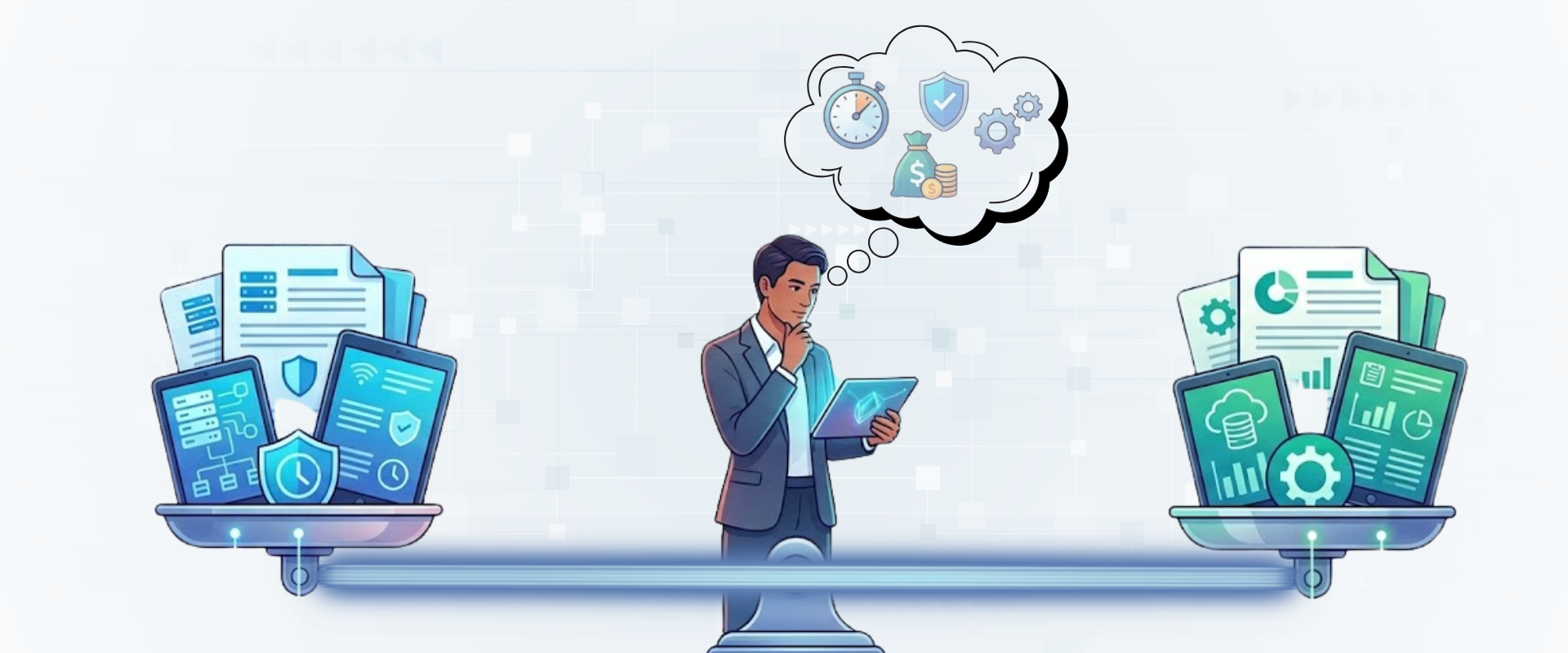 Businessman balancing scales of blue IT security icons and green data analytics icons -Comparing MSP