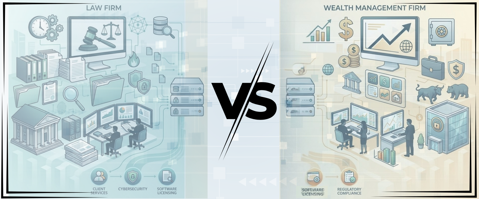 Split-screen illustration comparing IT and security infrastructure of a Law Firm vs. a Wealth Manage