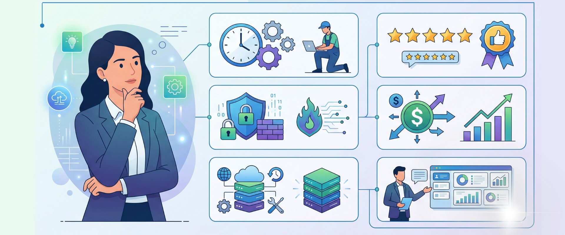 Businesswoman analyzing digital icons for IT security, cloud data, efficiency, and financial growth