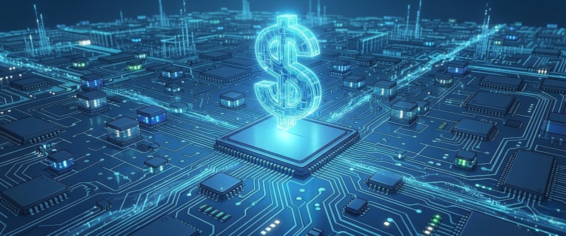 Glowing blue 3D dollar sign on central computer chip on futuristic motherboard.