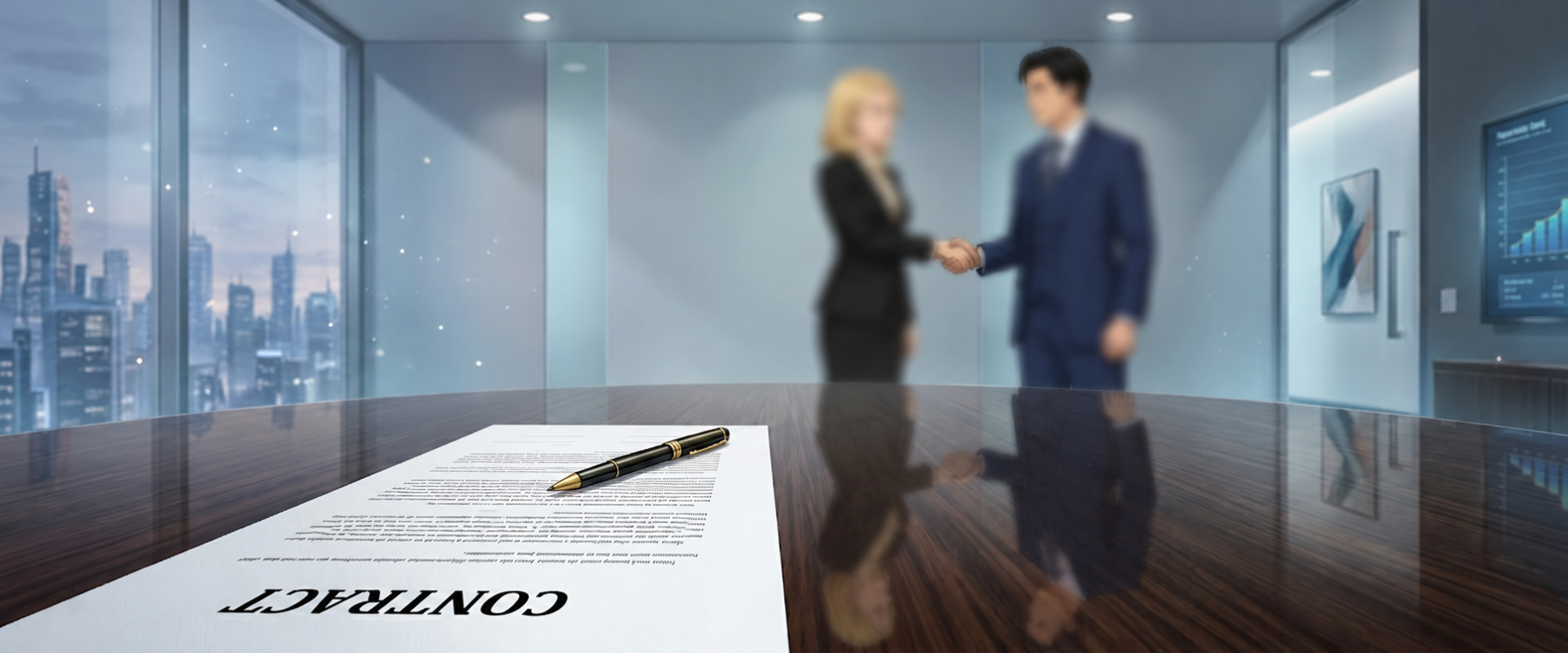 Executives shaking hands over a contract in a modern boardroom with city skyline and growth chart.