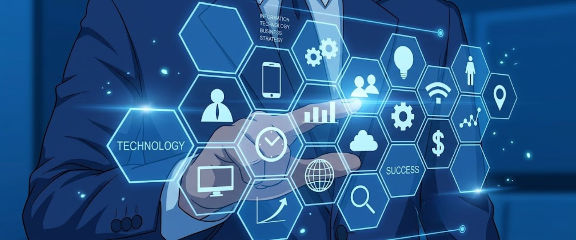 Businessman interacting with a digital interface featuring hexagon technology icons.