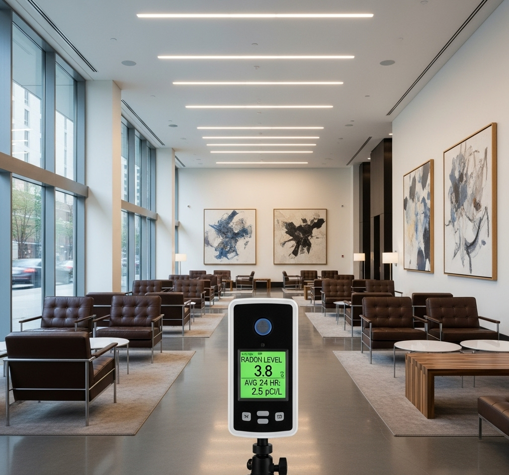 An air quality monitor in a modern lobby with brown chairs, art, and large windows.