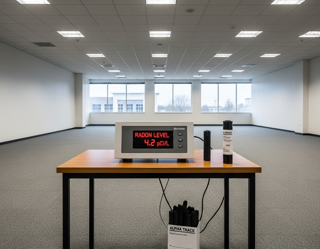 Radon detector on a table in an empty room, reading 4.2, with windows and overhead lights.