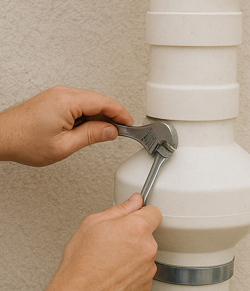 Person using a wrench to tighten a clamp on a white plastic pipe.