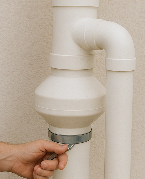 Hand tightening clamp around white plumbing pipes.