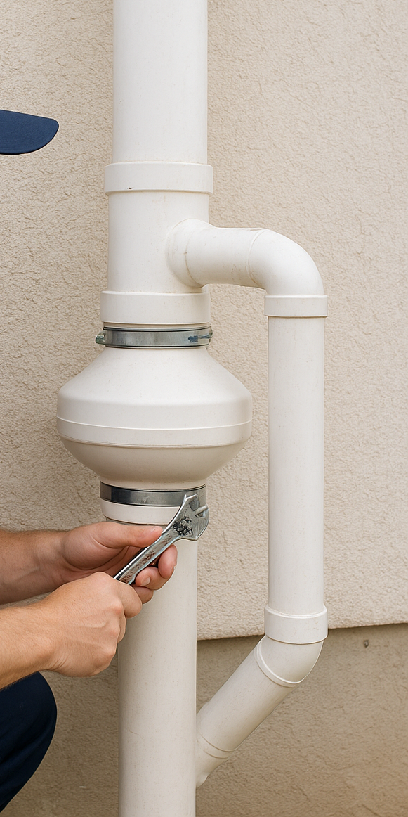 A person uses a wrench to tighten a clamp on a white plumbing system attached to a building's exterior.