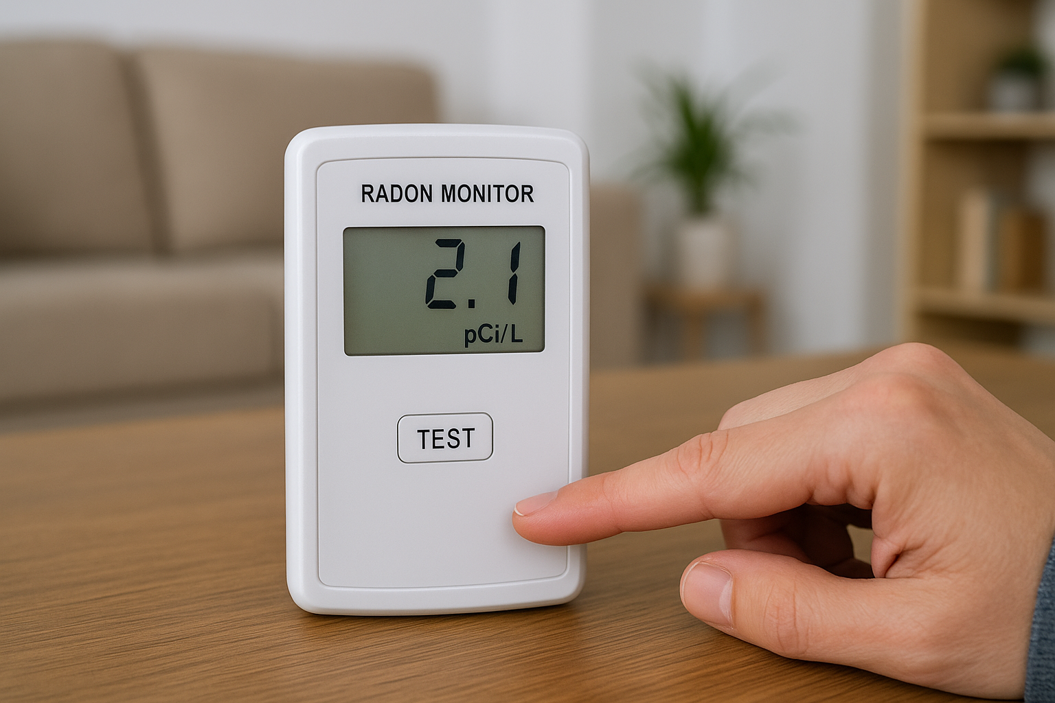 A person's hand pressing the "TEST" button on a white radon monitor showing a reading of 2.1 pCi/L indoors.