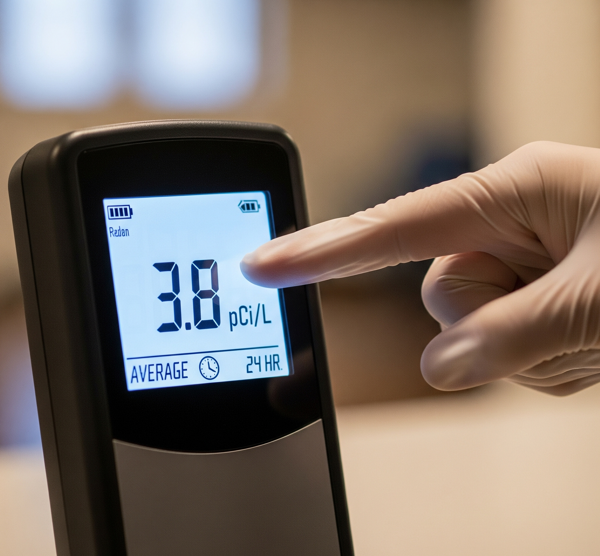 Hand in glove points to a radiation detector displaying 3.8 pCi/L.