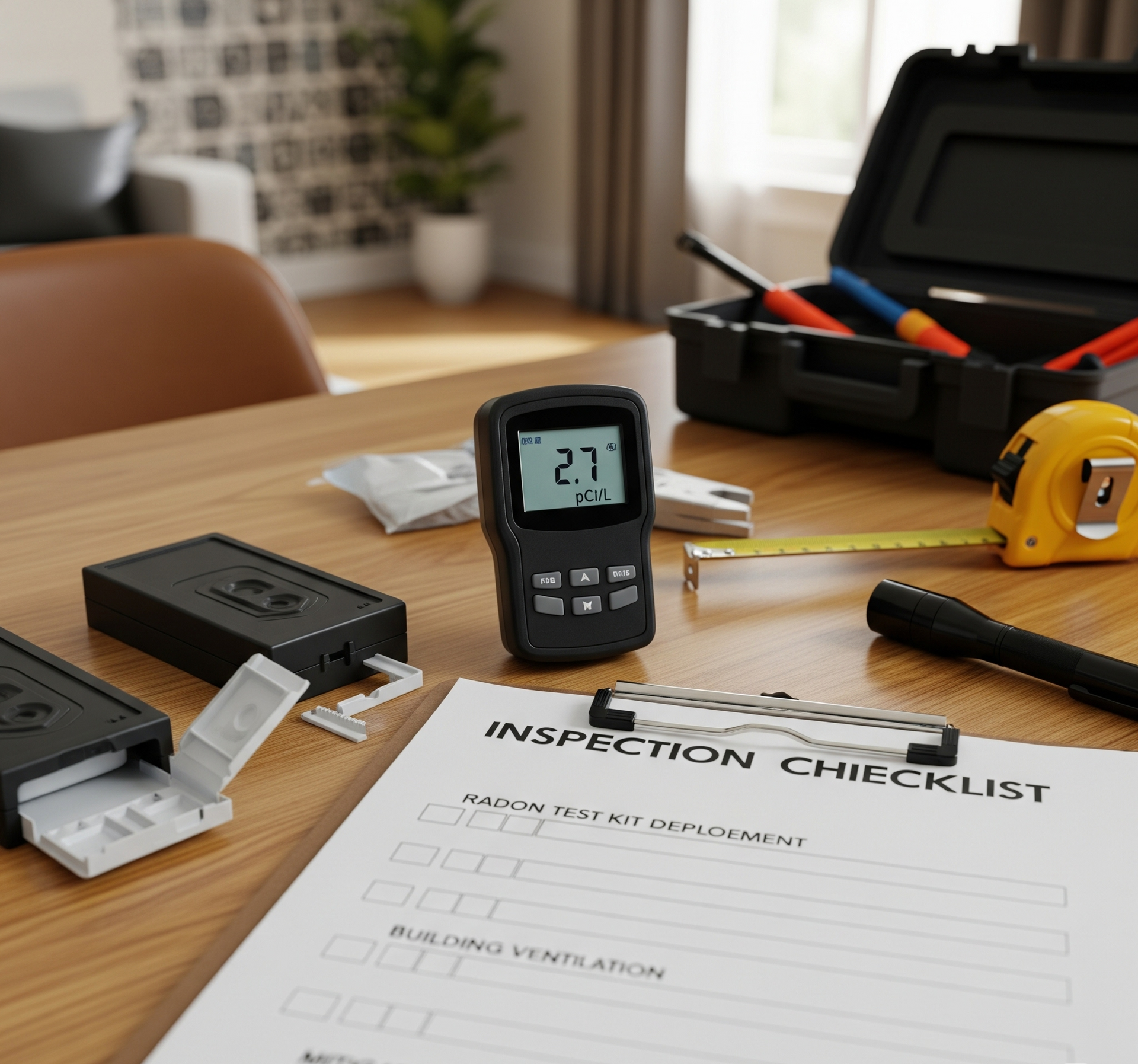 A black meter displays 2.7, next to an inspection checklist on a table with tools.