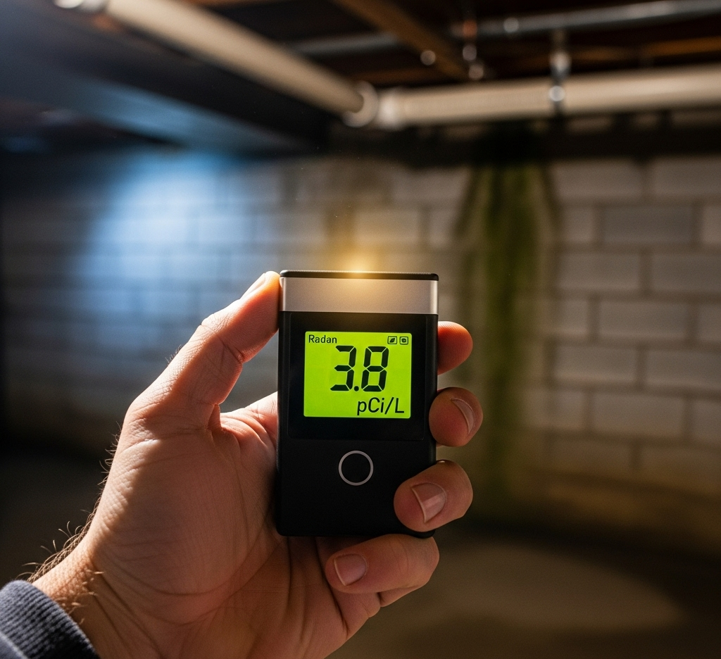 Person holding a radon detector in a basement. Display reads 3.8 pCi/L; brick wall has green staining.
