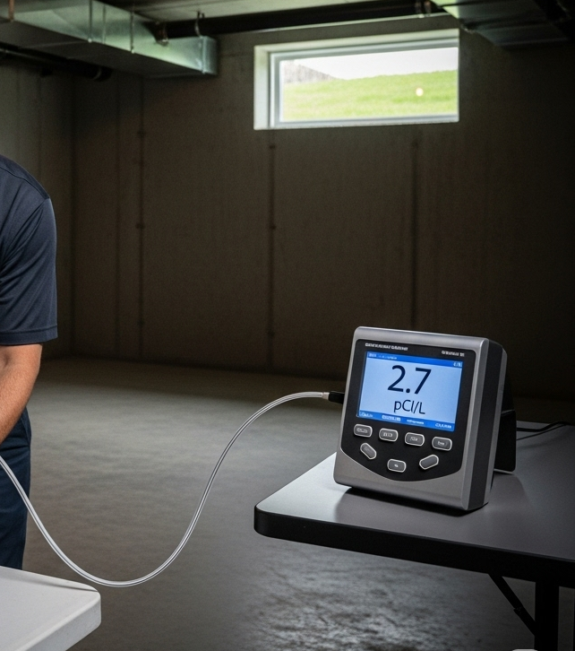 Man using radon detector in a basement, reading 2.7 pCi/L.