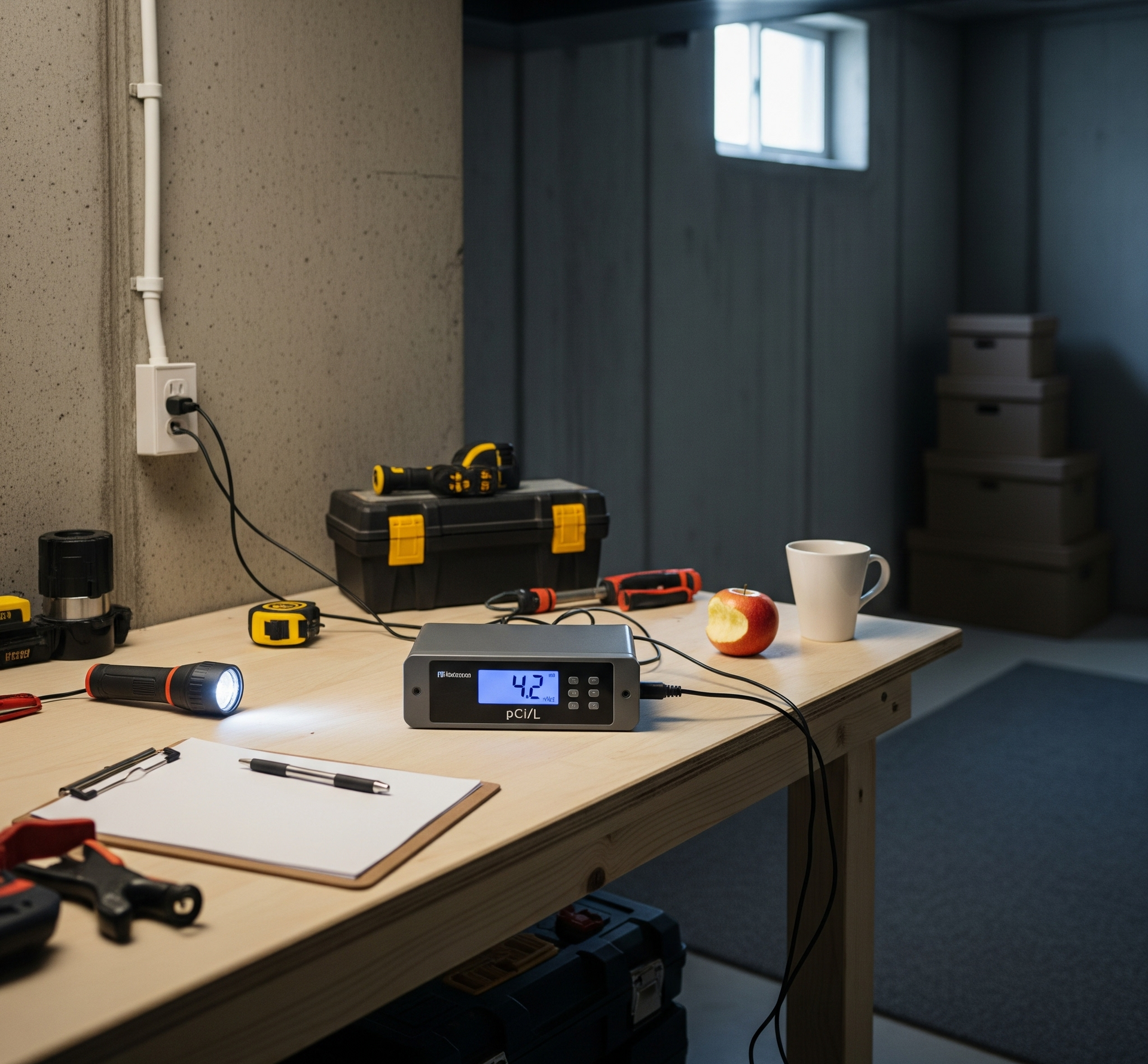 A basement workbench with tools, a charger showing