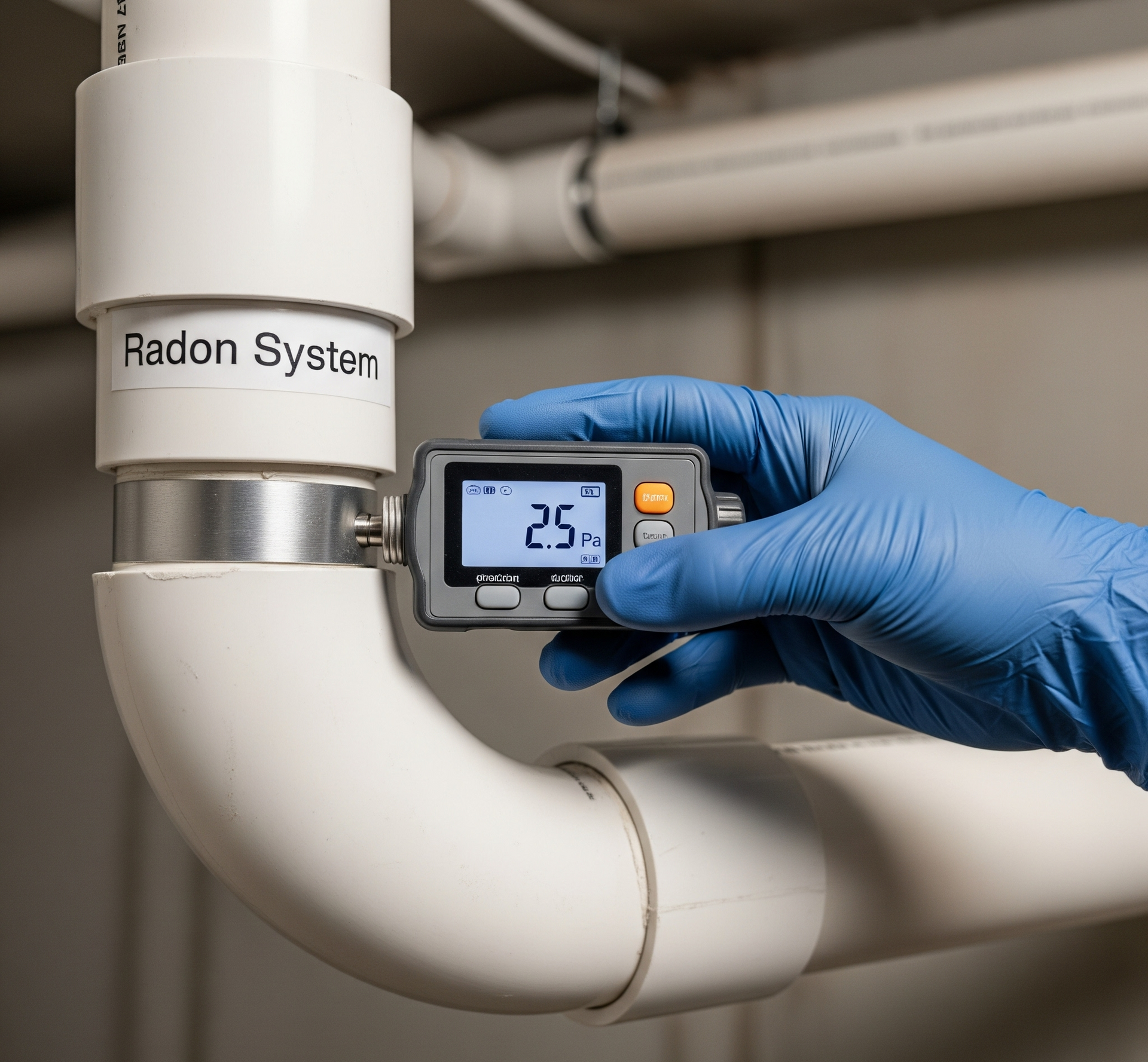 Gloved hand holding a digital pressure gauge on a radon system pipe, displaying a reading of 2.5 cm.