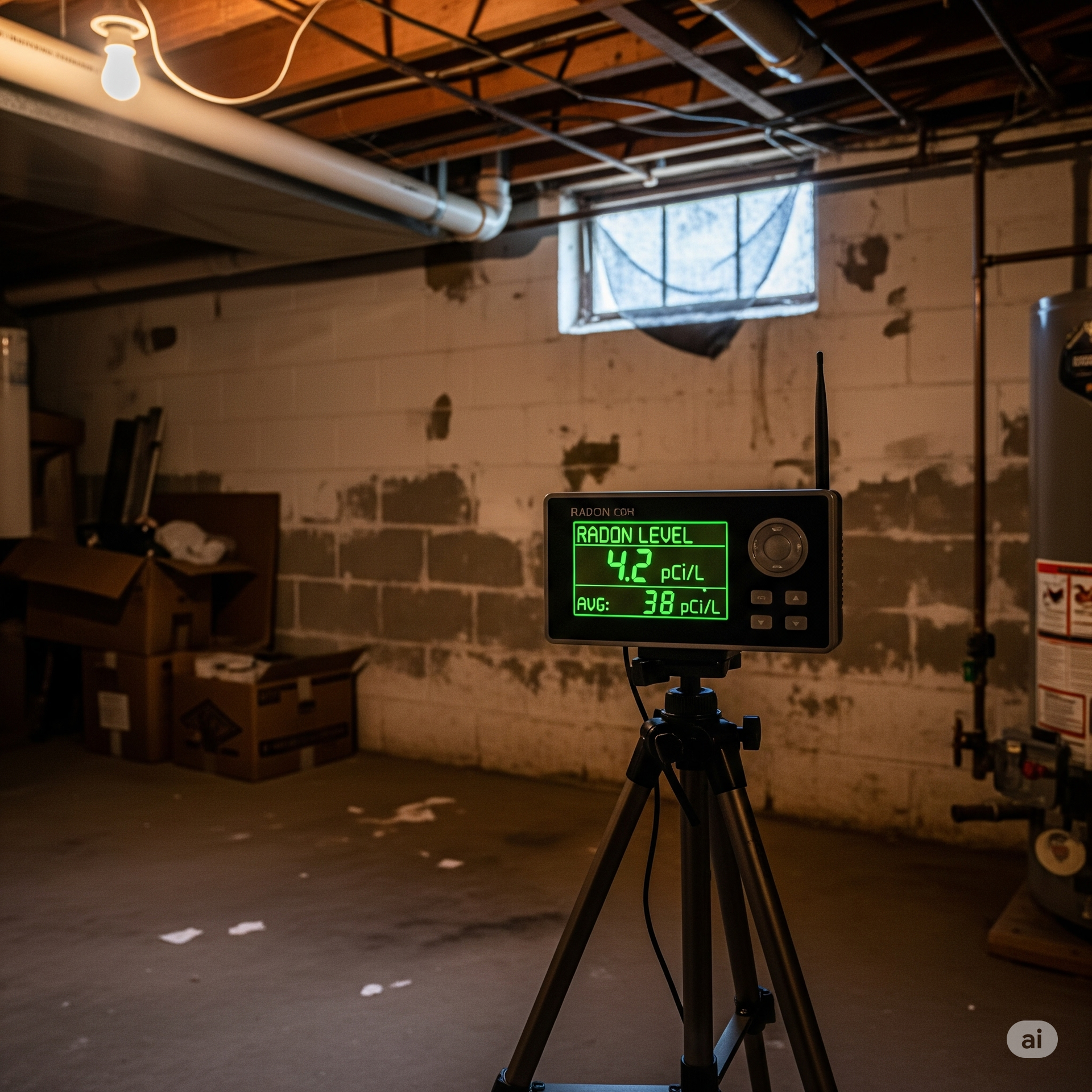 Monitor on tripod in a basement. Display reads radon levels.