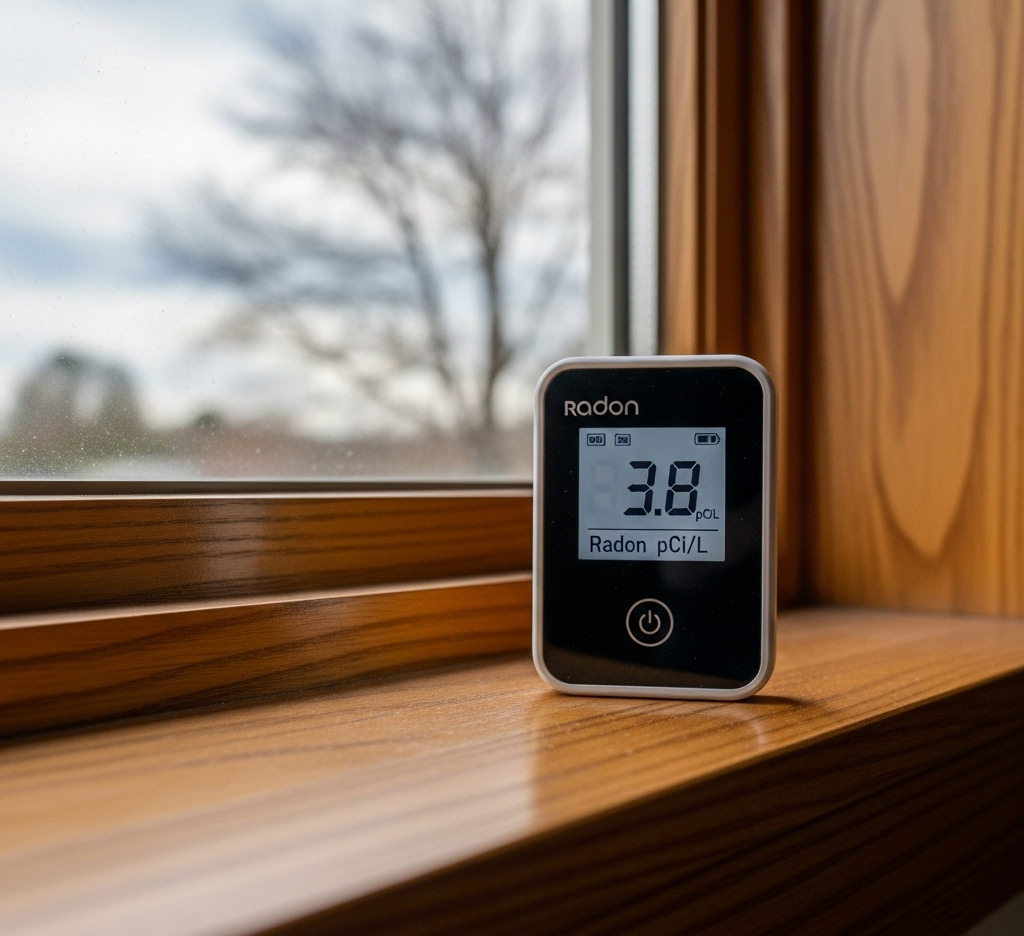 Radon gas seeping into a house from the ground, with a magnifying glass over the element symbol.