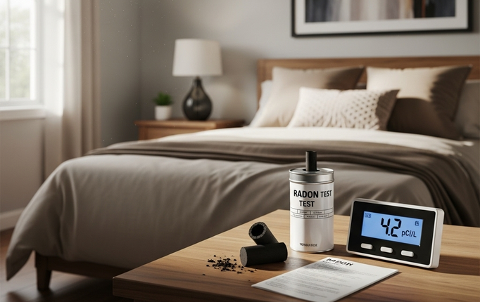 Bedroom with a device, gauge, and a bed. Gauge reads 4.2 psi.