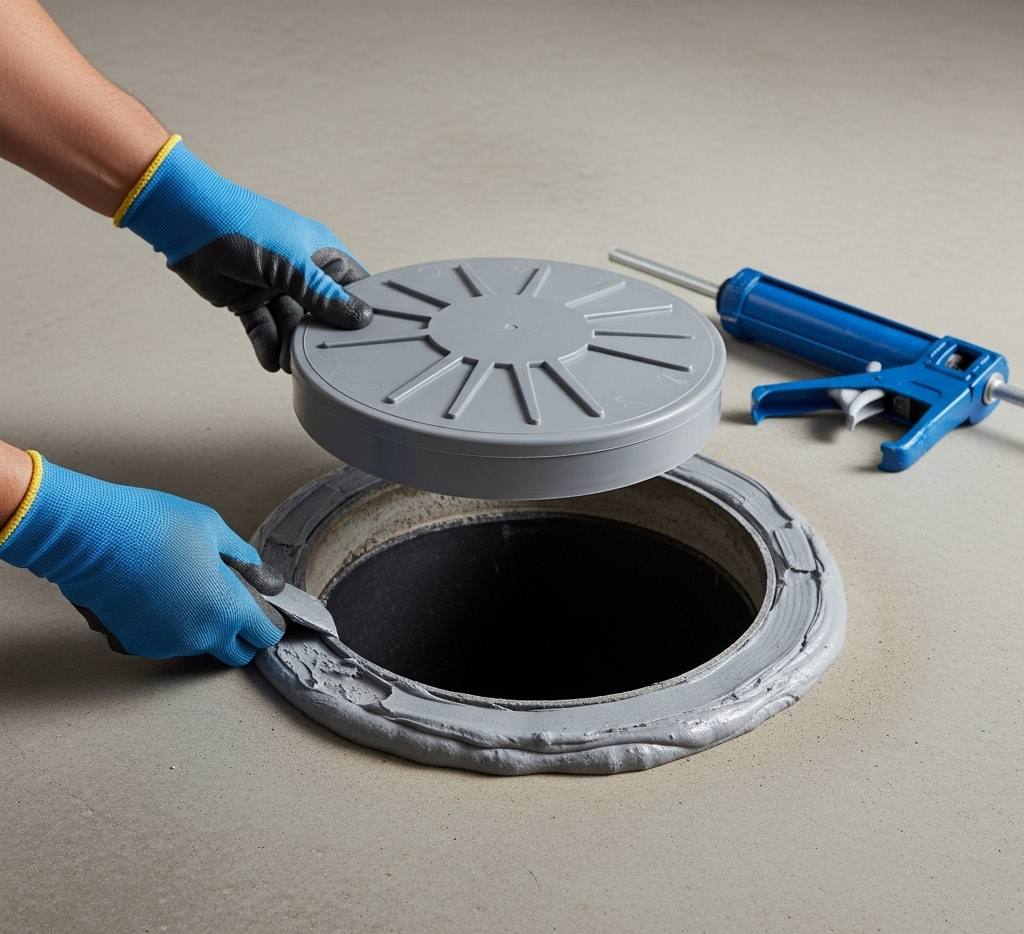 Hands in blue gloves placing a gray cover on a well, applying sealant with a blue caulking gun.