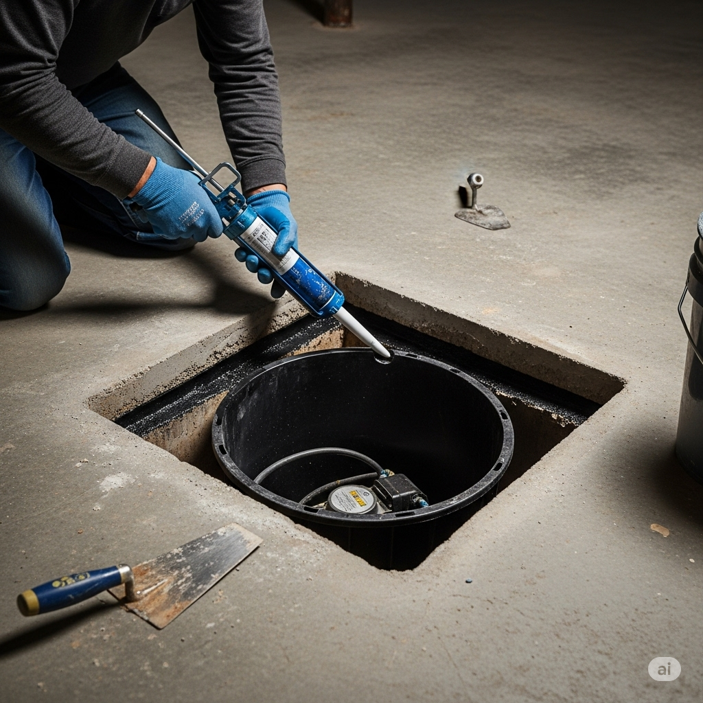 Person sealing a sump pump in a concrete basement. Using a caulk gun, wearing gloves. Tools are near.