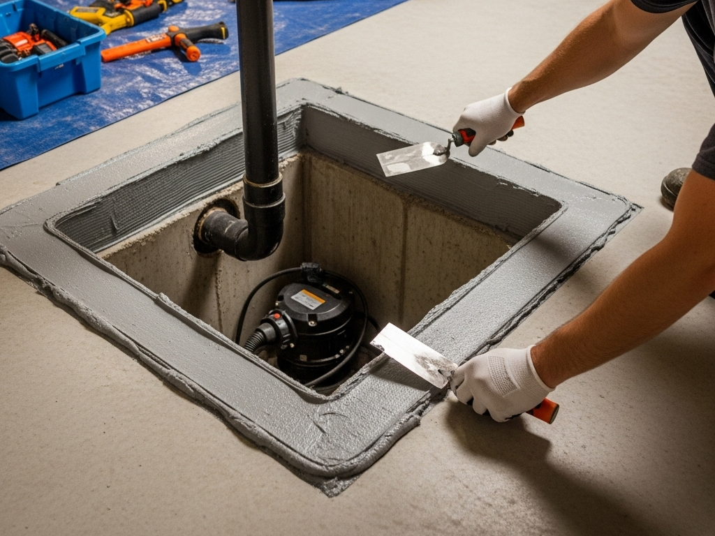 Person sealing around a sump pump pit with a trowel, wearing gloves. Interior setting.
