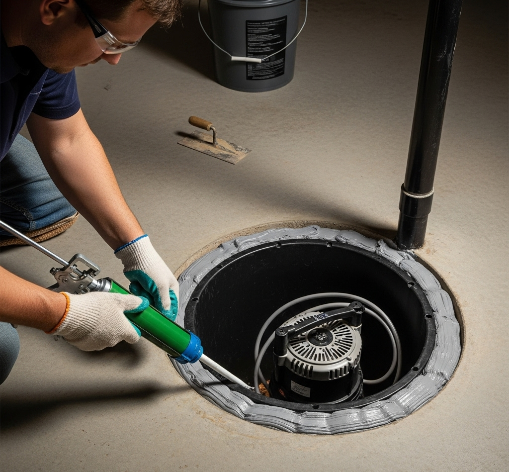 Person sealing a sump pump basin. Dark interior, gray concrete, black pipe, white caulk.