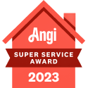 Angi Super Service Award 2023 badge. Red house shape with