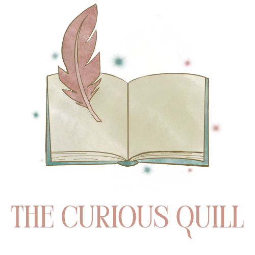 Open book with quill pen, pink and teal, 