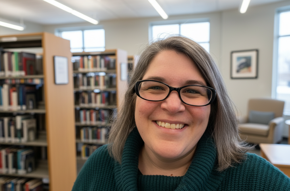 Woman with glasses smiling in a library, surrounded by bookshelves.