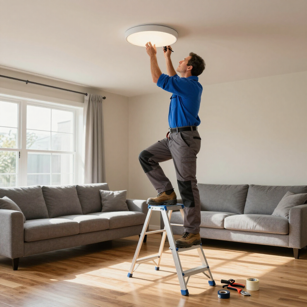 A person in a blue shirt and gray work pants stands on a stepladder to install a round light fixture on the ceiling.