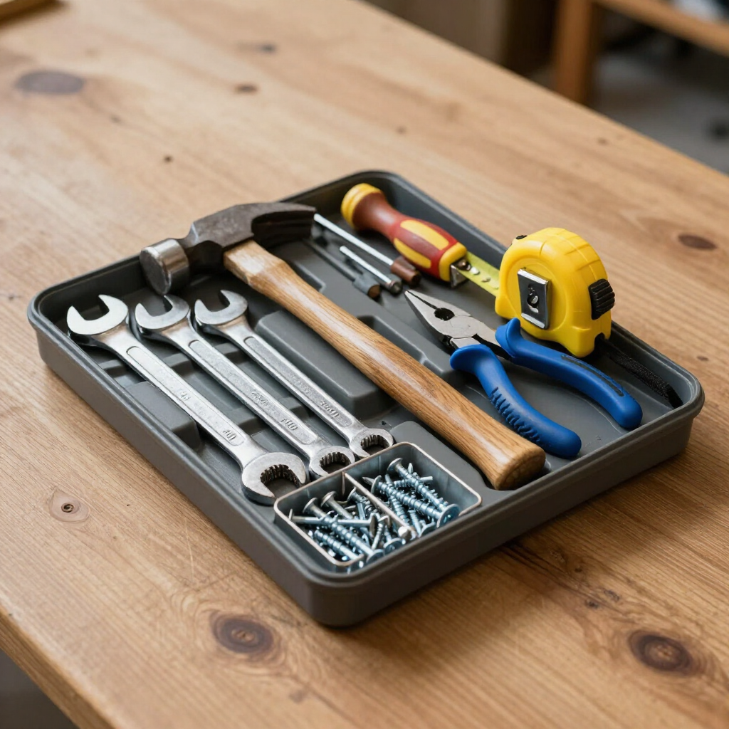 A plumber in a denim shirt and work gloves uses a wrench to repair pipes underneath a kitchen sink.