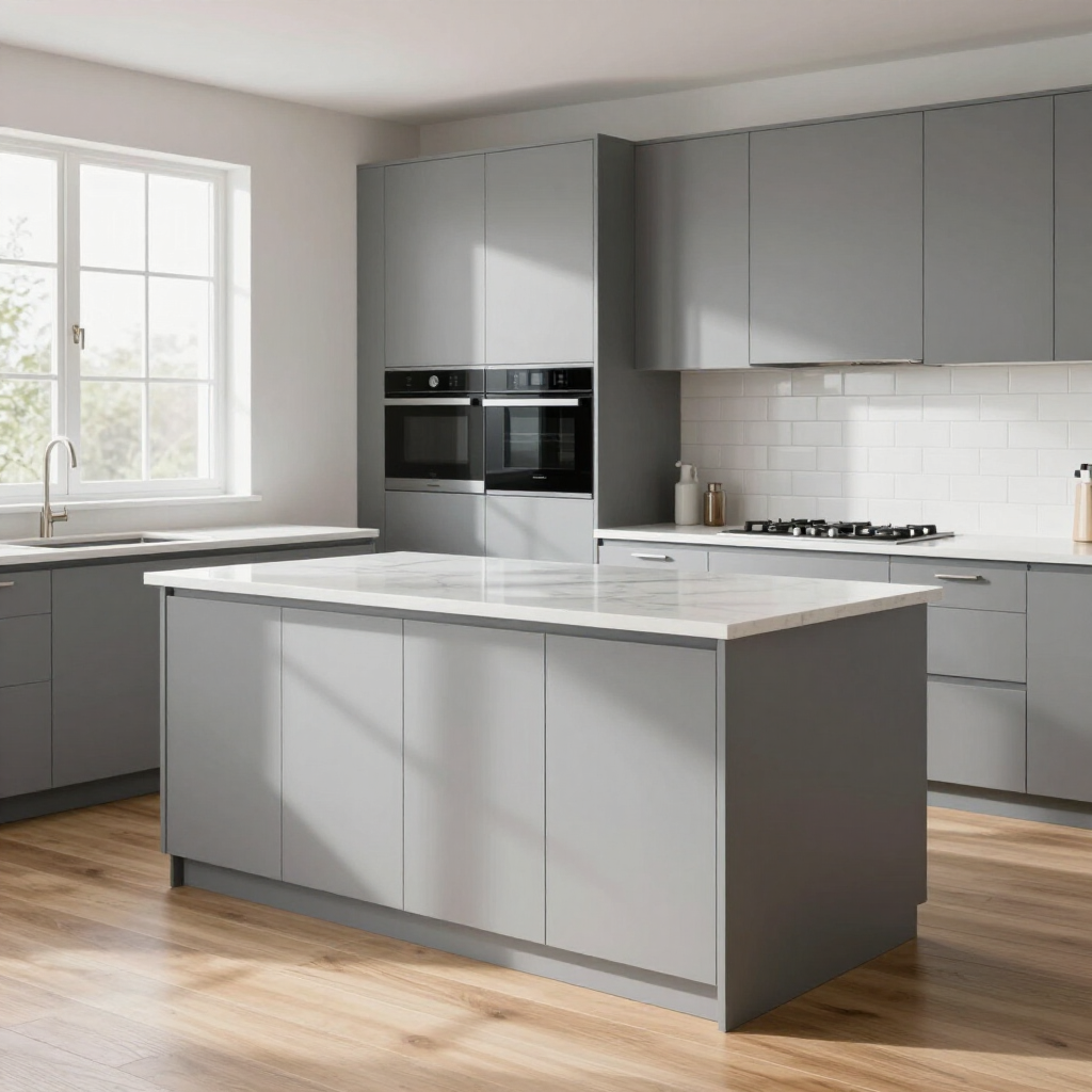 A modern kitchen featuring grey cabinets, a white marble kitchen island, and a subway tile backsplash under soft light.