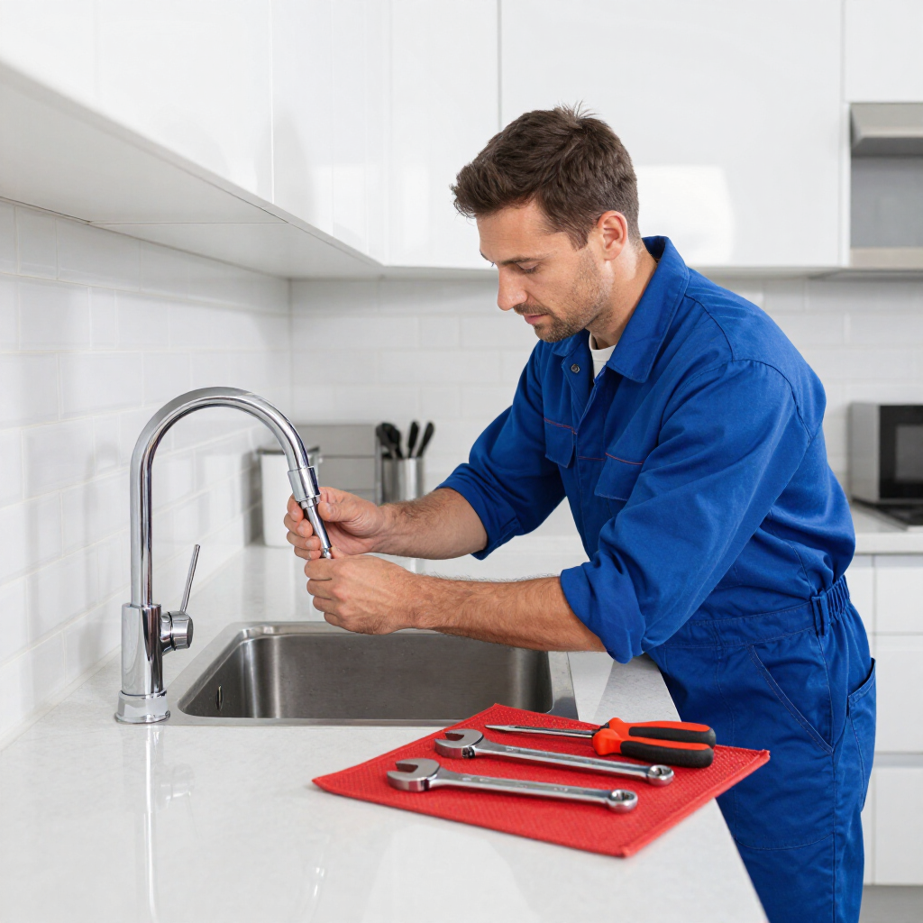 A worker in blue overalls repairing a kitchen faucet at a sink with a set of tools laid out on a red mat.