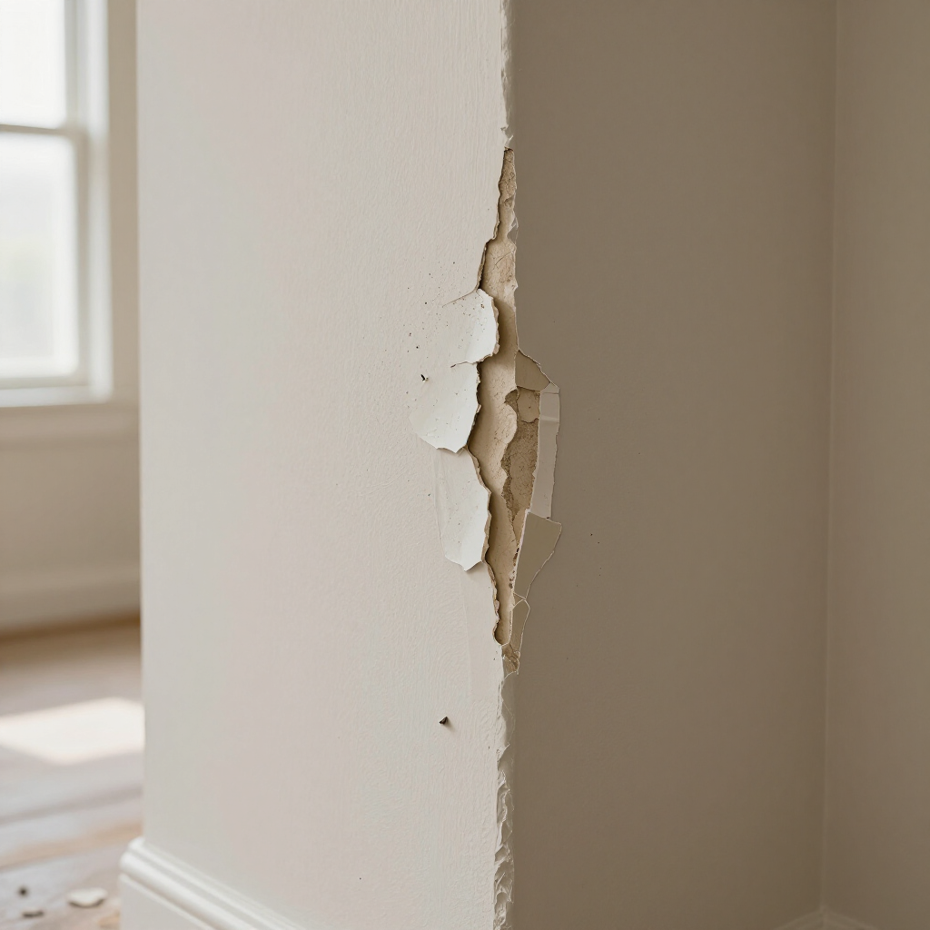 A corner of a beige wall shows peeling paint, revealing the underlying material beneath the damaged surface.