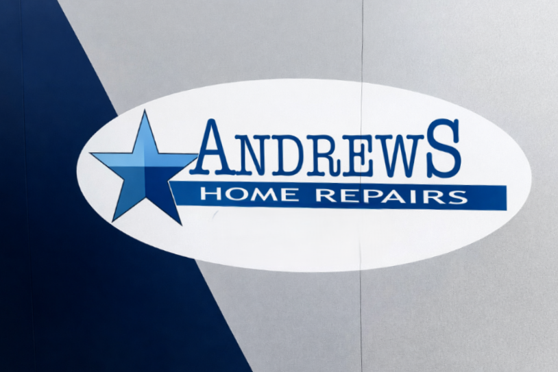 Logo for Andrews Home Repairs featuring a blue star on the left and white text on a dark blue rectangle inside an oval.