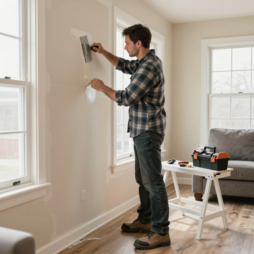 A person in a plaid shirt and work boots applies putty to a wall with a trowel in a bright room.
