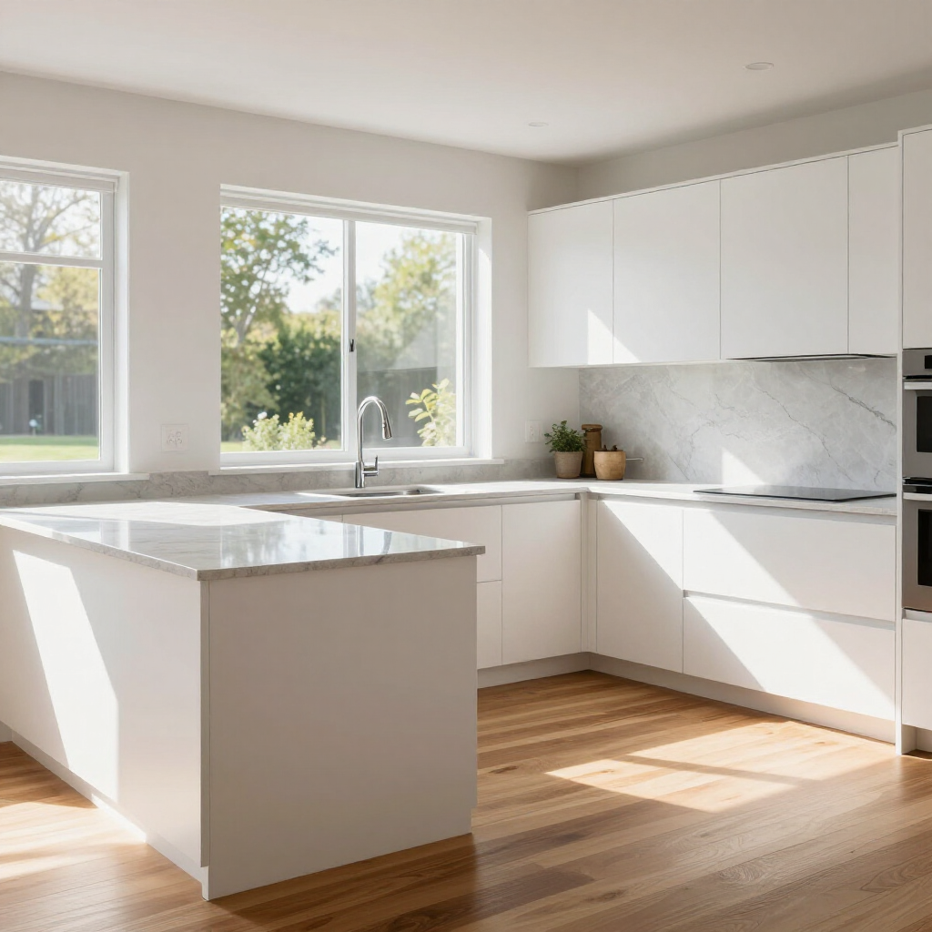 A plumber in a denim shirt and work gloves uses a wrench to repair pipes underneath a kitchen sink.